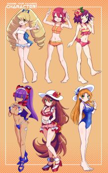 6+girls big_hair bikini blonde_hair breasts brown_hair closed_eyes closed_mouth dark-skinned_female dark_skin drill_hair earrings flower frilled_bikini frills green_eyes hair_between_eyes hair_flower hair_ornament hair_over_eyes hat highres iris_(mega_man) jewelry kalinka_cossack_(mega_man) koshianpancake large_breasts layer_(mega_man) long_hair looking_at_viewer low-tied_long_hair luna_platz_(mega_man) mayl_sakurai_(mega_man) mega_man_(classic) mega_man_(series) mega_man_battle_network_(series) mega_man_star_force_(series) mega_man_x_(series) mole mole_under_eye multiple_girls one-piece_swimsuit open_mouth purple_hair red_hair short_hair smile sonia_strumm_(mega_man) swimsuit twin_drills twintails very_long_hair