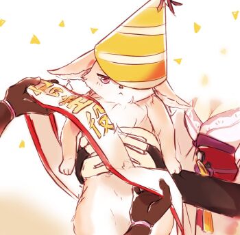 1boy 1girl aether_(genshin_impact) birthday breasts bridal_gauntlets brown_gloves cleavage closed_mouth commentary_request confetti couple fox_girl bad_tag genshin_impact gloves happy_birthday hat holding japanese_clothes kimono large_breasts long_sleeves lower_body nezdango party party_hat pov pov_hands purple_eyes purple_kimono raiden_shogun red_sash sash upper_body white_background wide_sleeves yae_miko yae_miko_(fox)