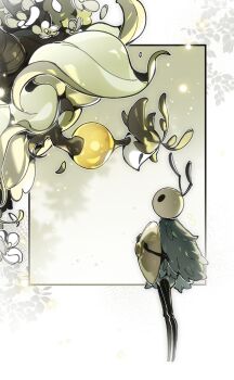 1boy 1girl antennae arthropod_boy arthropod_girl bamsot black_eyes flower highres holding holding_shield hollow_knight hollow_knight:_silksong looking_at_another monster_girl nyleth_(hollow_knight) plant_girl seth_(hollow_knight) shadow shield standing white_flower