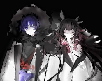 1boy 1girl alternate_costume baiyuqing434 black_background black_fur blindfold blue_hair blunt_bangs brown_hair closed_eyes closed_mouth coat columbina_(genshin_impact) couple eyeliner fatui_coat friends fur_trim genshin_impact grey_coat hair_between_eyes hair_ribbon head_tilt headpiece highres hood hood_up japanese_clothes long_sleeves looking_at_viewer makeup multicolored_hair official_alternate_costume open_clothes open_coat pale_skin red_eyeliner ribbon scaramouche_(genshin_impact) shade short_hair sidelocks standing streaked_hair upper_body wavy_hair white_ribbon winter_clothes winter_coat