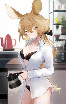 1girl absurdres alternate_costume animal_ears arknights black_ribbon blonde_hair bra coffee_pot commentary dorothy_(arknights) ema_(kuguiema) highres holding holding_coffee_pot indoors kettle lingerie looking_at_viewer ribbon solo unbuttoned unbuttoned_shirt underwear yellow_eyes