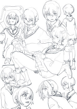 1girl absurdres amate_yuzuriha angry blush boots closed_eyes cockpit collared_shirt embarrassed facing_away frown glaring greyscale grin gundam gundam_gquuuuuux hair_between_eyes highres lineart long_sleeves looking_at_viewer miniskirt monochrome multiple_views necktie parted_lips pilot_chair piloting pixie_cut pleated_skirt profile re24 reclining school_uniform shirt short_hair simple_background sitting sketch skirt smile socks sweater v-shaped_eyebrows very_short_hair white_background wing_collar