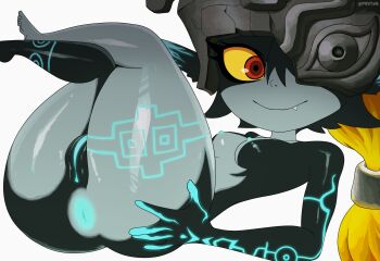 1girl anus ass black_skin breasts closed_mouth colored_skin fang female_focus grey_skin hand_on_own_ass helmet highres looking_at_viewer lying midna nintendo nipples nude on_back orange_hair p0stalk pussy shortstack small_breasts smile solo the_legend_of_zelda the_legend_of_zelda:_twilight_princess uncensored white_background