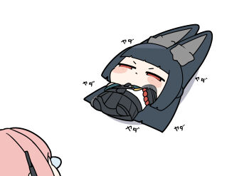 2girls absurdres animal_ear_fluff animal_ears black_hair black_skirt blunt_bangs chibi fox_ears fox_girl glasses highres hoshimi_miyabi long_hair looking_at_another lying multiple_girls pink_hair red_eyes shinonome_nashi sidelocks simple_background skirt tsukishiro_yanagi white_background zenless_zone_zero