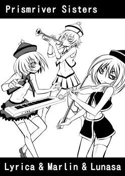 Rule 34 | 3girls, adapted costume, ayana mizuki, bow (music), closed mouth, collared shirt, commentary request, feet out of frame, greyscale, groin, hat, highres, holding, holding bow (music), holding instrument, holding trumpet, holding violin, instrument, keyboard (instrument), looking at viewer, lunasa prismriver, lyrica prismriver, merlin prismriver, monochrome, multiple girls, music, navel, nipples, no bra, open mouth, playing instrument, shirt, shoes, short hair, siblings, sisters, skirt, sleeveless, sleeveless shirt, smile, thighhighs, touhou, trumpet, violin
