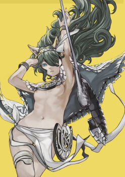 Rule 34 | 1girl, absurdres, animal ears, armpits, blue eyes, bracelet, breasts, cape, cat ears, commentary, highres, holding, holding pole, jewelry, kasli (nyanko daisensou), long hair, navel, nipples, nyami, nyanko daisensou, pole, revealing clothes, simple background, solo, underboob, yellow background