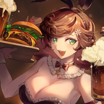 Rule 34 | 1girl, :d, alcohol, animal ears, bare shoulders, beer, beer mug, black bow, black bowtie, bow, bowtie, breasts, brown background, bunny bunny (reverse:1999), burger, cleavage, commentary request, cup, detached collar, fake animal ears, flower, foam, food, green eyes, hair flower, hair ornament, holding, holding tray, large breasts, long hair, mug, open mouth, playboy bunny, portrait, rabbit ears, reverse:1999, smile, solo, susii, teeth, traditional bowtie, tray, upper teeth only, white flower