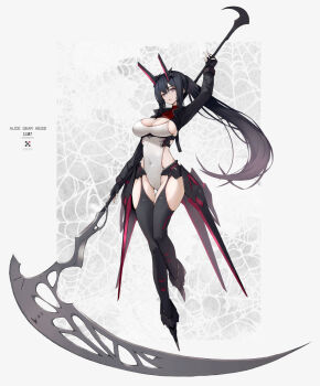 1girl alice_gear_aegis black_gloves black_hair black_thighhighs breasts character_request full_body gloves highres holding holding_scythe large_breasts leotard long_hair looking_at_viewer red_cat_hood scythe solo thighhighs white_leotard yellow_eyes