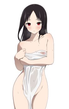 1girl absurdres after_bathing black_hair blush breasts collarbone coro_fae covering_privates highres kaguya-sama_wa_kokurasetai_~tensai-tachi_no_renai_zunousen~ long_hair looking_at_viewer navel nipples nude_cover parted_bangs red_eyes see-through_clothes shinomiya_kaguya sidelocks small_breasts solo thighs towel wet