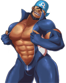 1boy abs archie_(pokemon) bandana bara beard blue_bandana bulge dark-skinned_male dark_skin facial_hair gay gloves looking_at_viewer magnum_feering male_focus muscular muscular_male nintendo nipples open_mouth partially_fingerless_gloves pectorals pokemon pokemon_oras popped_collar undressing white_background