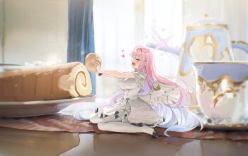 1girl absurdres angel_wings black_shoes blue_archive breasts capelet closed_eyes dress food frills gradient_hair halo highres large_breasts long_hair low_wings mika_(blue_archive) mini_person minigirl multicolored_hair pantyhose pepperdevil pink_hair pink_halo reflection scrunchie shoes sitting tea_set wariza white_capelet white_dress white_pantyhose wings wrist_scrunchie