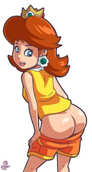 1girl ass brown_hair butt_crack clothes_pull dimples_of_venus earrings female_focus highres jewelry mario_(series) mooning nintendo orange_shorts princess_daisy shorts shorts_pull smile solo super_mario_bros._1 super_mario_land tomboy