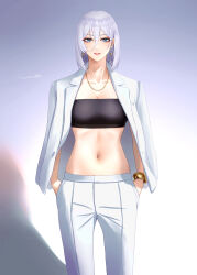 Rule 34 | 1girl, alternate costume, azur lane, bandeau, bangle, black bandeau, black tube top, blue eyes, bracelet, breasts, cleavage, cowboy shot, double-parted bangs, earrings, formal, hands in pockets, highres, jewelry, looking at viewer, medium breasts, midriff, navel, necklace, necomilk, open clothes, pants, pink lips, shadow, short hair, signature, simple background, solo, strapless, suit, tirpitz (azur lane), tube top, white hair, white pants, white suit