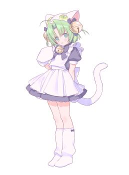 1girl :3 absurdres ahoge animal_hands animal_hat apron arm_behind_back bell bow bowtie cat_hat cat_tail dejiko di_gi_charat dress full_body gloves green_eyes green_hair hair_bell hair_ornament hat highres looking_at_viewer maid nagisa_no_cherii neck_bell no_shoes parted_bangs paw_gloves short_hair smile socks solo tail two_side_up
