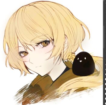 1boy a_certain_sinclair_(project_moon) aged_up animal animal_on_shoulder art_program_in_frame bird bird_on_shoulder blonde_hair brown_coat coat commentary cropped_shoulders english_commentary from_side hair_between_eyes limbus_company long_hair looking_at_viewer male_focus official_alternate_hair_length official_alternate_hairstyle ponytail portrait project_moon sinclair_(project_moon) solo spobesponja spoilers yellow_eyes