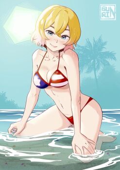 Rule 34 | 1girl, american flag, american flag bikini, american flag print, barefoot, bikini, blonde hair, blue eyes, breasts, cleavage, closed mouth, commentary, day, english commentary, flag print, flag print bikini, gurinsensei, hands on own knees, kanojo okarishimasu, kneeling, looking at viewer, medium breasts, nanami mami, navel, outdoors, print bikini, short hair, smile, solo, swimsuit, water