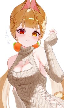 1girl absurdres alice_thymefield alternate_costume animal_ears bare_shoulders blonde_hair blush breasts brown_sleeves brown_sweater cleavage cleavage_cutout closed_mouth clothing_cutout commentary detached_sleeves frown heterochromia highres large_breasts long_sleeves looking_at_viewer red_eyes simple_background sleeveless sleeveless_sweater solo sweater symbol-only_commentary turtleneck white_background yamisroot yellow_eyes zenless_zone_zero