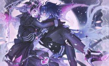 13wmel 1boy 1girl ahoge artist_self-insert bags_under_eyes black_coat black_dress black_gloves black_lips black_thighhighs blue_hair blurry blush carrying closed_mouth coat couple depth_of_field dress flins_(genshin_impact) frilled_dress frills from_side full_moon genshin_impact gloves gradient_hair hair_between_eyes hair_ornament hetero highres light_smile long_hair long_sleeves looking_at_another looking_to_the_side moon multicolored_hair night nose_blush oc_x_canon original outdoors pink_moon princess_carry purple_hair red_eyes shade shy sky standing star_(sky) starry_sky thighhighs upper_body wavy_hair wings yellow_eyes