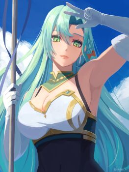 Rule 34 | 1girl, aqua hair, armpits, bare shoulders, blue sky, bodystocking, bow, braid, breasts, chloe (fire emblem), cleavage, closed mouth, covered navel, earrings, elbow gloves, fire emblem, fire emblem engage, gloves, green eyes, highres, holding, holding polearm, holding weapon, jewelry, labebebe lee, large breasts, long hair, looking at viewer, nintendo, outdoors, polearm, side braid, sky, solo, teardrop earrings, upper body, very long hair, w, weapon, white gloves