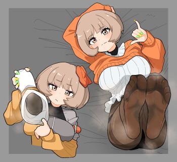 1girl :/ arm_up baba_shizue blush bob_cut boots border bow breasts brown_eyes brown_hair brown_pantyhose closed_mouth cropped_torso eyelashes feet foot_focus from_above full_body green_nails grey_background grey_border hair_bow hand_up highres holding holding_boots holding_footwear holding_unworn_clothes huge_breasts impossible_clothes jacket legs_up long_sleeves looking_at_viewer lying multiple_views nail_polish nairo no_shoes orange_bow orange_sweater pantyhose ribbed_sweater short_hair simple_background smell smile soles steaming_body sweater toes unworn_boots yellow_jacket yellow_nails yoru_no_kurage_wa_oyogenai