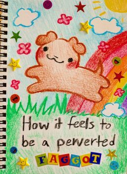 :3 animal_focus baby_animal basil_mage blank_eyes blush cloud colored_pencil_(medium) commentary dog english_commentary english_text highres original puppy rainbow smile smiley_face sticker sun traditional_media