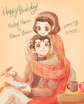 1boy 1girl black_hair book chai_5 commentary_request cup hair_between_eyes humanization looking_at_viewer mickey_mouse mickey_mouse_&amp;_friends minnie_mouse mug polka_dot shirt short_hair smile sunglasses tagme white_shirt