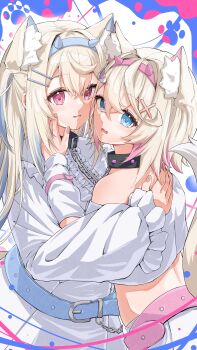 2girls absurdres animal_ear_fluff animal_ears bandaid bandaid_hair_ornament belt black_collar blue_belt blue_eyes blue_streaks collar commentary dog_ears dog_girl dog_tail dress fuwawa_abyssgard fuwawa_abyssgard_(1st_costume) hair_ornament hairpin highres hololive hololive_english hug long_hair looking_at_viewer medium_hair mococo_abyssgard mococo_abyssgard_(1st_costume) multicolored_hair multiple_girls nail_polish open_mouth pink_belt pink_eyes pink_nails pink_streaks shirt shorts siblings sisters spiked_collar spikes streaked_hair tail twins u_da_desu very_long_hair virtual_youtuber white_dress white_shirt white_shorts x_hair_ornament