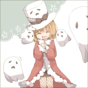 Rule 34 | 1girl, black bow, blonde hair, blush, bow, brown shorts, coat, commentary request, cowboy shot, fishnet pantyhose, fishnets, fur-trimmed coat, fur trim, ghost, hat, hat bow, kawachi (hina), long sleeves, lowres, open mouth, pantyhose, ragnarok online, red coat, rogue (ragnarok online), sheet ghost, short hair, short shorts, shorts, smile, solo, top hat, whisper (ragnarok online), white background, white hat