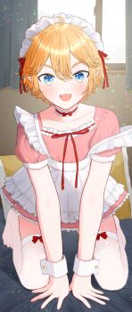 Rule 34 | 1boy, :d, absurdres, ahoge, alternate costume, aotu world, apron, blonde hair, blue eyes, blush, bow, choker, collarbone, crossdressing, crossdressing (mtf), curtains, dress, enmaided, fangs, frilled apron, frilled choker, frilled dress, frills, full body, hair between eyes, hair ribbon, highres, indoors, king (aotu world), kneeling, looking at viewer, maid, maid apron, maid headdress, male focus, no shoes, open mouth, pillow, pink dress, pointy ears, puffy short sleeves, puffy sleeves, red bow, red ribbon, ribbon, short hair, short sleeves, smile, solo, thighhighs, trap, velvet11, white apron, white thighhighs, window, wrist cuffs