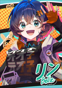 1girl aqua_eyes bangboo_(zenless_zone_zero) belle_(zenless_zone_zero) black_jacket black_shirt breasts character_name commentary_request eous_(zenless_zone_zero) fingerless_gloves gloves hair_between_eyes hair_ornament heart highres jacket letter_hair_ornament looking_at_viewer medium_breasts open_clothes open_jacket orange_gloves orange_jacket shirt short_hair smile solo sora_(men0105) zenless_zone_zero