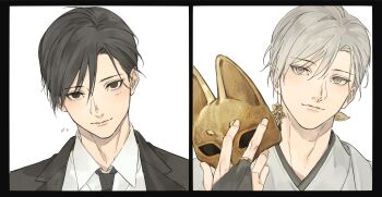 Rule 34 | 2boys, black eyes, black hair, black suit, earrings, formal clothes, fox mask (silent hill), highres, japanese clothes, jewelry, kimono, male focus, mask, multiple boys, removing mask, robe, satsuki g, silent hill (series), silent hill f, suit, tassel, tassel earrings, white eyes, white hair, white robe