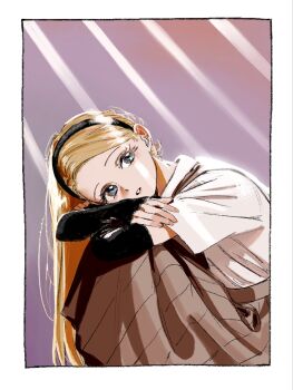 1girl blonde_hair blue_eyes border brown_skirt collared_shirt commentary_request detached_sleeves feet_out_of_frame fuyuki_manon_(gomibako_(gomibako_price)) gomibako_(gomibako_price) head_on_knees highres hugging_own_legs layered_sleeves light_rays long_hair looking_at_viewer looking_to_the_side original parted_lips pleated_skirt purple_background shirt short_sleeves sitting skirt solo white_border white_shirt