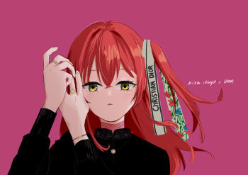 Rule 34 | 1girl, absurdres, arms up, black shirt, bocchi the rock!, commentary request, dior, expressionless, green eyes, hair between eyes, hair ribbon, highres, jewelry, kita ikuyo, long hair, looking at viewer, multiple rings, neck, necklace, one side up, parted lips, pink background, red hair, ribbon, ring, saltyacurry, shirt, simple background, solo, white ribbon