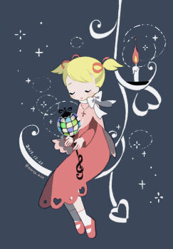 Rule 34 | 1girl, ana (mother), blonde hair, bow, candle, closed eyes, commentary request, cross, cross necklace, dated, dress, full body, jewelry, long sleeves, mother (series), mother 1, necklace, nintendo, pink dress, pink shoes, red ribbon, ribbon, shoes, socks, solo, tanba (tanba-art), treble clef, twintails, white bow, white socks