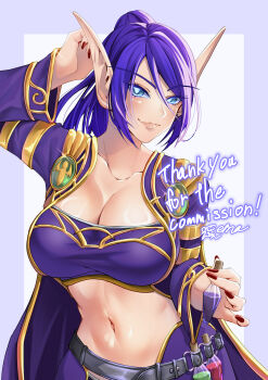 1girl arm_up bandeau belt blue_eyes breasts cleavage closed_mouth coat collarbone commentary commission cowboy_shot elf glint hair_between_eyes highres holding holding_vial large_breasts large_ears long_hair long_sleeves looking_at_viewer midriff navel open_clothes open_coat original pointy_ears ponytail purple_bandeau purple_coat purple_hair purple_skirt red_nails sidelocks signature skirt smile solo standing thank_you utility_belt vial yumihama_ema