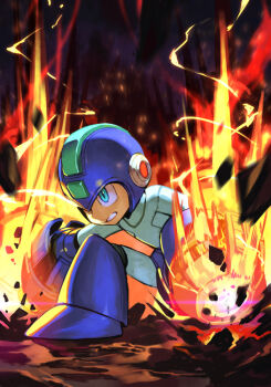 1boy arm_cannon blue_bodysuit blue_eyes blue_helmet bodysuit capcom clenched_teeth fire helmet helmet_over_one_eye hungry_clicker male_focus mega_man_(character) mega_man_(series) solo teeth weapon