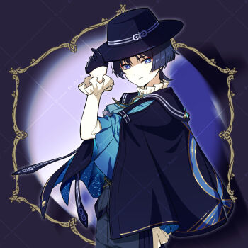 Rule 34 | 1boy, aqua pupils, arm at side, ascot, black cloak, black gloves, black hair, black hat, black pants, black vest, blue ascot, blue gem, blue trim, blunt ends, boater hat, brooch, cloak, closed mouth, cowboy shot, eyeliner, formal clothes, frilled shirt collar, frilled sleeves, frills, gem, genshin impact, gloves, gold trim, grey ascot, hag (hag 015), half gloves, hand up, hat, highres, jewelry, long sleeves, looking at viewer, makeup, male focus, official alternate costume, pants, partially shaded face, purple eyes, red eyeliner, scaramouche (genshin impact), smile, solo, spotlight, tsurime, twitter username, vest, wanderer (genshin fes 2026) (genshin impact), wanderer (genshin impact), watermark, watermark grid, white sleeves