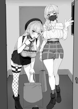 2girls aran_sweater arm_up bag beret black_hat black_mask black_surgical_mask blush boots braid breasts cable_knit choker crown_braid doorway earrings embarrassed furen_e_lustario furen_e_lustario_(4th_costume) genkan greyscale hair_ornament hairclip hakase_fuyuki hakase_fuyuki_(6th_costume) handbag hat hex_code high-waist_pants highres huge_breasts jewelry lace_shirt lace_trim leaning_forward long_hair long_sleeves looking_at_viewer mask mask_pull miniskirt monochrome mouth_mask multiple_girls necklace nijisanji number_hair_ornament o-ring o-ring_thigh_strap off-shoulder_sweater off_shoulder open_door open_mouth pants plaid_clothes plaid_skirt pleated_skirt pom_pom_(clothes) pom_pom_earrings pov pov_doorway sagging_breasts seductive_smile see-through_cleavage see-through_clothes shirt skirt sleeveless sleeveless_shirt smile solo suisogenshi surgical_mask sweater taut_clothes taut_skirt thigh_strap thighs turtleneck turtleneck_sweater virtual_youtuber