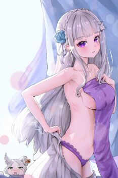 1girl blunt_bangs blush braid breasts cat clothes_pull collarbone commentary_request covering_privates cowboy_shot crown_braid curtains dressing elf emilia_(re:zero) flower from_side grey_skirt hair_flower hair_ornament highres holding holding_towel justjast long_hair looking_at_viewer medium_breasts navel nude_cover panties parted_lips pointy_ears puck_(re:zero) purple_eyes purple_panties re:zero_kara_hajimeru_isekai_seikatsu signature skirt skirt_pull solo topless_female towel underwear very_long_hair x_hair_ornament