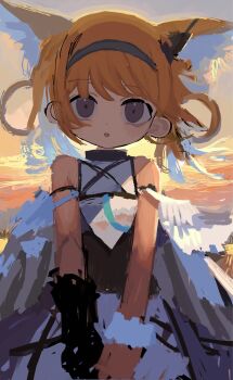 1girl animal_ears arknights bare_shoulders black_gloves blonde_hair blue_eyes blue_hairband earpiece extra_ears fox_ears fox_girl gloves hairband highres looking_at_viewer mikosudx open_mouth single_glove solo suzuran_(arknights)