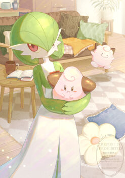 bob_cut carpet cleffa colored_skin commentary_request couch ditto dress gardevoir gen_1_pokemon gen_2_pokemon gen_3_pokemon green_hair green_skin highres holding holding_pokemon indoors multicolored_skin nintendo pillow pink_eyes pink_skin piyokonoenikki_04 pokemon pokemon_(creature) pokemon_focus table transformed_ditto two-tone_skin watermark white_dress white_skin