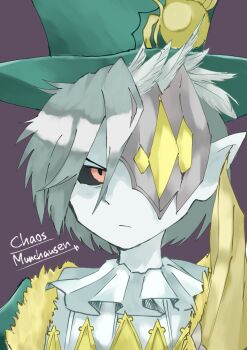 1boy black_sclera chaos_munchausen_(grimms_notes) character_name closed_mouth colored_sclera colored_skin green_hat grimms_notes hat kotknooda9 male_focus one_eye_covered pointy_ears purple_background red_eyes simple_background solo top_hat upper_body white_skin