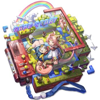 1girl ahoge arknights arm_belt asymmetrical_legwear beanie belt bird blue_overalls braid bread brown_arm_warmers brown_belt brown_hair controller crocs diagonal-striped_clothes diagonal-striped_necktie english_text erkai facepaint fangs fence flying food full_body game_console game_controller gradient_eyes green_eyes green_socks hair_intakes halftone handheld_game_console hat headband headphones headphones_around_neck heart highres holding holding_controller holding_game_controller holding_handheld_game_console holding_knife holding_sword holding_weapon huge_ahoge javier_(arknights) juana_(arknights) knife loaf_of_bread long_hair looking_at_viewer looking_up multicolored_eyes necktie nene_(arknights) nintendo_switch official_alternate_costume official_art open_mouth overalls pants pink_eyes pink_hair pirate pirate_hat pointy_ears potion rainbow red_necktie river rose_salt_(arknights) rose_salt_(the_starting_point)_(arknights) safety_pin_hair_ornament ship's_wheel shirt shoes short_sleeves single_braid sitting smile snake_girl snake_tail socks solo striped_clothes striped_socks sword tail teach_(arknights) third-party_source torn_clothes torn_pants transparent_background treasure_chest triangle_mouth uneven_legwear vertical-striped_clothes vertical-striped_socks video_game water waterfall weapon white_hair white_shirt white_shoes wooden_fence yellow_belt yellow_eyes