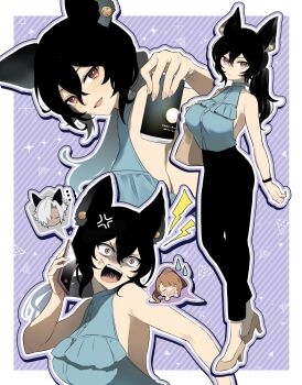 Rule 34 | angry, animal ears, backless outfit, bag, beatrix (granblue fantasy), black hair, black pants, breasts, cellphone, erune, eustace (granblue fantasy), granblue fantasy, handbag, high heels, highres, ilsa (granblue fantasy), multiple views, pants, phone, ponytail, red eyes, sideboob, smartphone, tin (container), umeda shiso