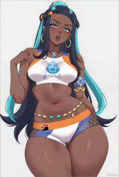 1girl absurdres aqua_eyes aqua_hair armband armlet artist_name bare_shoulders belly_chain bike_shorts bikini black_hair blue_eyes blue_eyeshadow blue_hair blush breasts cowboy_shot crop_top dark-skinned_female dark_skin earclip earrings eyeliner eyeshadow forehead gluteal_fold grey_background hair_bun hand_up highres hoop_earrings jewelry long_hair looking_at_viewer makeup medium_breasts midriff multicolored_hair navel necklace nessa_(pokemon) nintendo open_mouth patreon_username pokemon pokemon_sword_and_shield r4drawings short_shorts shorts simple_background single_hair_bun solo sportswear stomach swimsuit tankini teeth thick_thighs thigh_gap thighs two-tone_hair upper_teeth_only very_dark_skin very_long_hair white_background wide_hips
