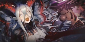 2girls black_horns blue_eyes blue_hair blurry breasts cleavage confrontation convenient_censoring crossed_bangs duel eye_contact fangs fate/grand_order fate_(series) floating_hair giant giantess glowing_horns gorgon_(composite_deity_gorgon)_(fate) gorgon_(fate) hair_between_eyes horns huge_breasts lamia large_breasts light_blue_hair living_hair long_bangs long_hair looking_at_another looking_to_the_side looking_up medusa_(fate) medusa_(rider)_(fate) monster_girl multiple_girls multiple_horns navel open_mouth ota_(ota-0000) purple_hair rider scales shards sharp_teeth short_eyebrows sidelocks silver_hair slit_pupils snake snake_hair stomach symbol-shaped_pupils teeth thick_eyebrows tiamat_(fate) tiamat_(femme_fatale)_(fate) tongue very_long_hair wide-eyed x-shaped_pupils