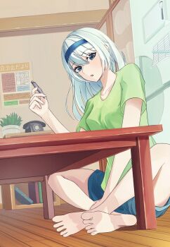 1girl :o absurdres antique_phone barefoot blue_eyes blue_hairband blue_shorts bookshelf coffee_table collarbone commentary english_commentary feet full_body green_shirt hair_between_eyes hairband highres holding holding_pen indian_style indoors kaguya-sama_wa_kokurasetai_~tensai-tachi_no_renai_zunousen~ long_hair looking_at_viewer loungewear muginosa parted_lips pen phone plant plate potted_plant refrigerator rotary_phone shirogane_kei shirt short_sleeves shorts sitting soles solo t-shirt table toes white_hair wooden_floor