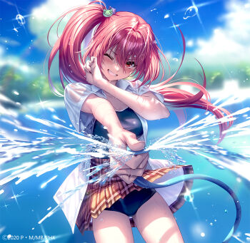 1girl blue_one-piece_swimsuit blue_sky blurry blurry_background blush breasts brown_skirt cat_hair_ornament cleavage cloud cloudy_sky collared_shirt commentary_request grin hair_between_eyes hair_ornament hanikami_kanojo hinoura_nanaka holding holding_hose hose large_breasts long_hair looking_at_viewer official_art one-piece_swimsuit one_eye_closed outdoors piromizu pleated_skirt red_hair school_uniform see-through_clothes see-through_shirt shirt short_sleeves side_ponytail skirt sky smile solo standing swimsuit teeth water white_shirt wing_collar