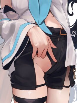 1girl absurdres black_shorts blue_neckerchief clothes_pull commentary english_commentary female_pubic_hair fox_girl fox_tail highres hololive mr_thecatman navel neckerchief no_panties pubic_hair pubic_hair_peek shirakami_fubuki shirakami_fubuki_(1st_costume) shorts shorts_pull solo tail thigh_strap vest virtual_youtuber white_pubic_hair white_vest