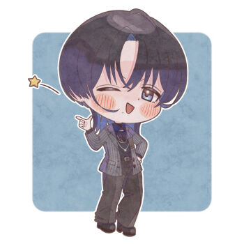 Rule 34 | 1girl, belt, black belt, black hair, black pants, black shoes, black sweater, blue eyes, blue hair, blue shirt, collared shirt, colored inner hair, grey jacket, highres, hiodoshi ao, hiodoshi ao (1st costume), hololive, hololive dev is, jacket, jewelry, kyuushoku touban, medium hair, mole, mole under mouth, multicolored hair, necklace, one eye closed, pants, pinstripe jacket, pinstripe pattern, shirt, shoes, solo, star (symbol), suit jacket, sweater, v-neck, virtual youtuber